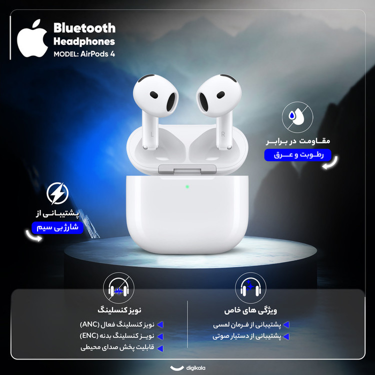 هدفون بلوتوثی اپل مدل AirPods 4 ANC (نسخه دارای نویز کنسلینگ)