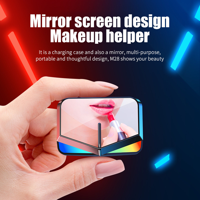 ایرپاد بلوتوثی مدل M28 بدون قابلیت نویز کنسلینگ، درگاه شارژ USB Type-C، دارای پشتیبانی از فرمان لمسی، دارای نمایشگر میزان شارژ روی محفظه