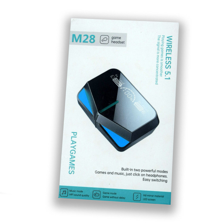 ایرپاد بلوتوثی مدل M28 بدون قابلیت نویز کنسلینگ، درگاه شارژ USB Type-C، دارای پشتیبانی از فرمان لمسی، دارای نمایشگر میزان شارژ روی محفظه