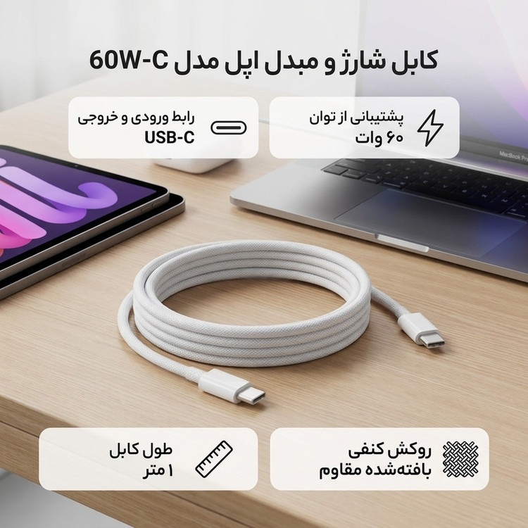 کابل تبدیل اپل USB-C به USB-C طول 1 متر